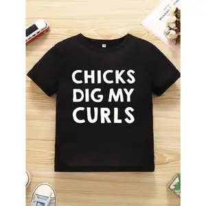 Boys' Funny "Chicks Dig My Curls" Graphic T-Shirt - Bold White Text on Black Short Sleeve Round Neck Casual Summer Top |   Playful Slogan Tee for, All-Season Fit, Ideal Gift for (Regular Fit