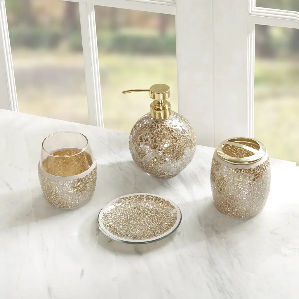 4-Piece Bathroom Accessory Set with Soap Dispenser, Toothbrush Holder, Tumbler, and Ring Dish, Gold Fabric Finish, Countertop Organizer for Vanity or Sink, Easy Clean, Single Set