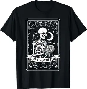 Skeleton The Crocheter Shirt, Tarot Card Graphic Tee, Funny Crochet Lover T-Shirt, Unisex Casual Cotton Top