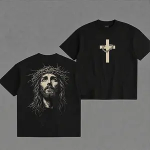 T-Shirt Printed Cross on Front and Jesus Wearing Crown of Thorns on Back