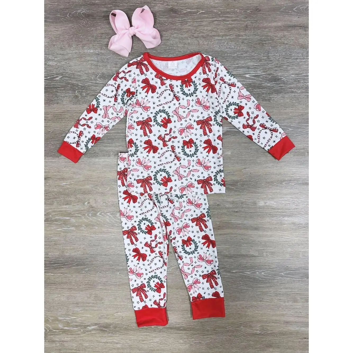 Bow & Wreath Girls Red Trimmed Holiday Pajama Set