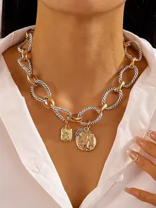 Women's Chunky Coin Pendent Alloy Necklace, fashionable necklace, Waterdrop-Shaped Hollow Design, Suitable For Daily Casual Gatherings As Jewelry Accessory