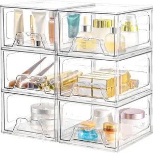 Plastic Drawers Storage, 6 Pack Clear Stackable Storage Drawers,  Storage Bins with Drawers for Fridge Organizers, Small PlasticDrawers Stackable for Makeup Organizers  Display