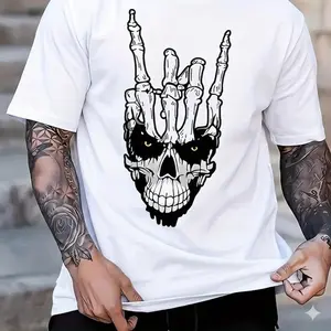 Mens Crewneck Short Sleeve Athletic Graphic Tee Skull Hand Print Soft Cotton Breathable Sweat Wicking Comfortable Loose Fit Workout Outdoor Sports Daily Wear Trendy Edgy Fashion Casual Top