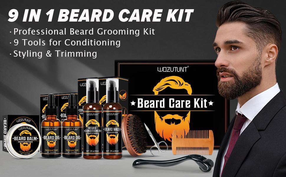 Beard Kit for Men Grooming & Care W/Beard Wash,3 Packs Beard Oil Beard Balm Leave-in Conditioner Premium Father's Day Gift