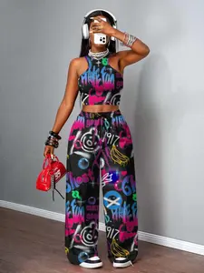 New Summer Casual Sporty Style Round Neck Patchwork 23 Number Slogan Print Short Sleeve T-Shirt + Shorts Set for Women