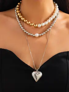 Y2K Style Pearl Metal Beaded Elegant Necklace with Heart Pendant, Titanium Alloy Chain, Perfect Gift for Women, All Seasons Wear
