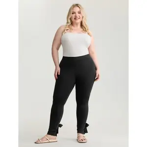 BLOOMCHIC Women's Stretchy Split Tie Hem Leggings - Plus Size Pull-On Slim-Fit Lady Clothes, Spandex Fabric Bottom Garment [M-6X] 2026 Summer Vibes Black Womenswear