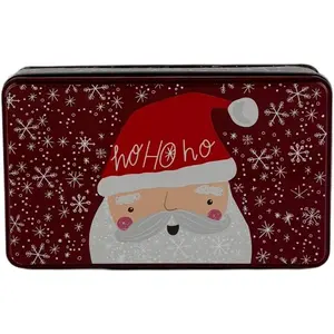 Christmas Santa Claus Rectangular Tin Box, Red | Spacious rectangular tin with secure lid, Rich red background with classic "Ho Ho Ho" design