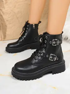 Women's Fashion Ankle Boots, Side Zipper Design, Classic Motorcycle Style, Lace-Up Combat Boots for Walking & Work, Comfortable Daily Wear Shoes Footwear