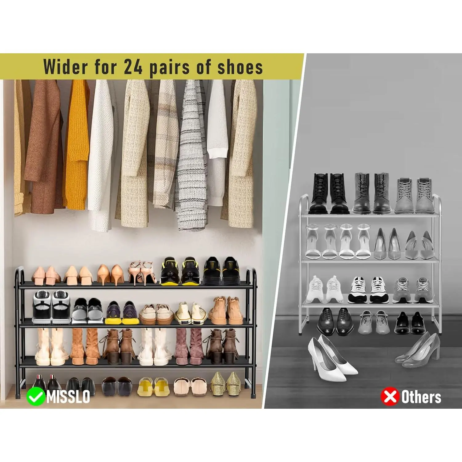 MISSLO 3-Tier Long Shoe Rack for Closet Shoe Organizer for Closet Floor Entryway Storage Stackable Wide Shoe Shelf Stores 24 Pairs of Men Sneakers, Black