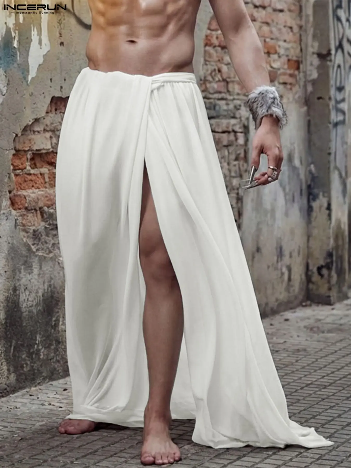 INCERUN Men's Casual Relaxed Fit Loose-Fit High Waist Elastic Transparent Slit Half Pants, Loose Casual Style, Stylish and Comfortable Design, Perfect for Daily Wear and Leisure Activities