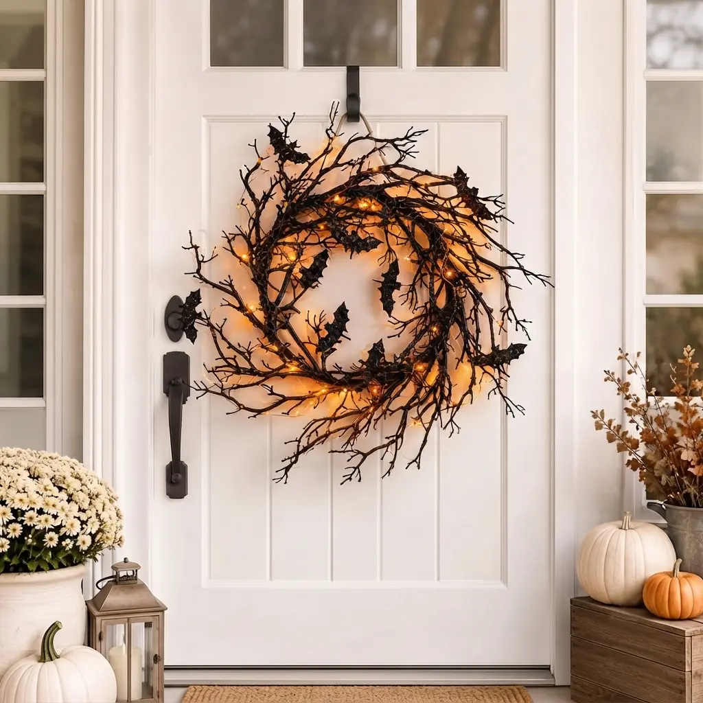 Halloween Lighted Black Twig Wreath with Bats, 18 Inch Spooky LED Artificial Branch Garland, Indoor Outdoor Haunted House Party Decor, Goth Home Aesthetic, Seasonal Holiday Hanging Ornament Black Bat Halloween Wreath,Lighted Twig Door Decor