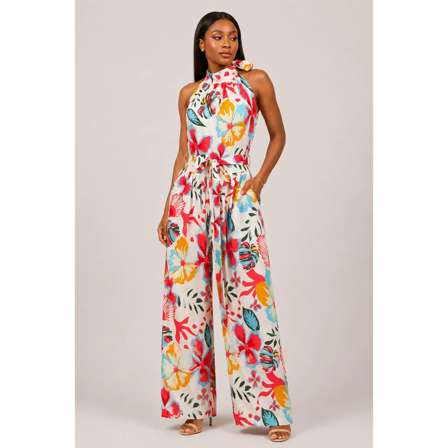 Tropical Floral Backless Jumpsuit Women Cream Wide Leg Halter Neck Crepe Jumpsuit Tie Back Open Back Summer Wedding Guest Vacation Jumpsuit