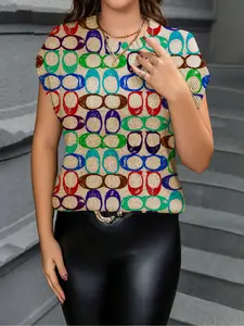 Geometric Pattern Colorblock Print Round Neck Sweater, Casual Short Sleeve Knitwear for Spring Summer Fall, Comfortable Warm Women's Clothing