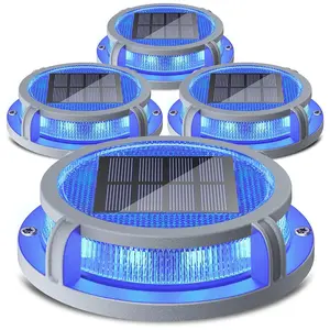 Siedinlar Solar Driveway Dock Lights, 2 Modes Blue & Red 16‑LED Solar Powered Deck & Marine Marker Lights, Waterproof Aluminum Ground Lights for Driveway, Outdoor Stair, Pathway, Patio, Walkway, Garden & Yard (4 Pack)