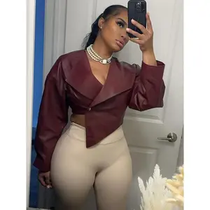 Women's Faux Leather Single Button Cross Neck Full Sleeve Crop Jacket for Autumn Streetwear