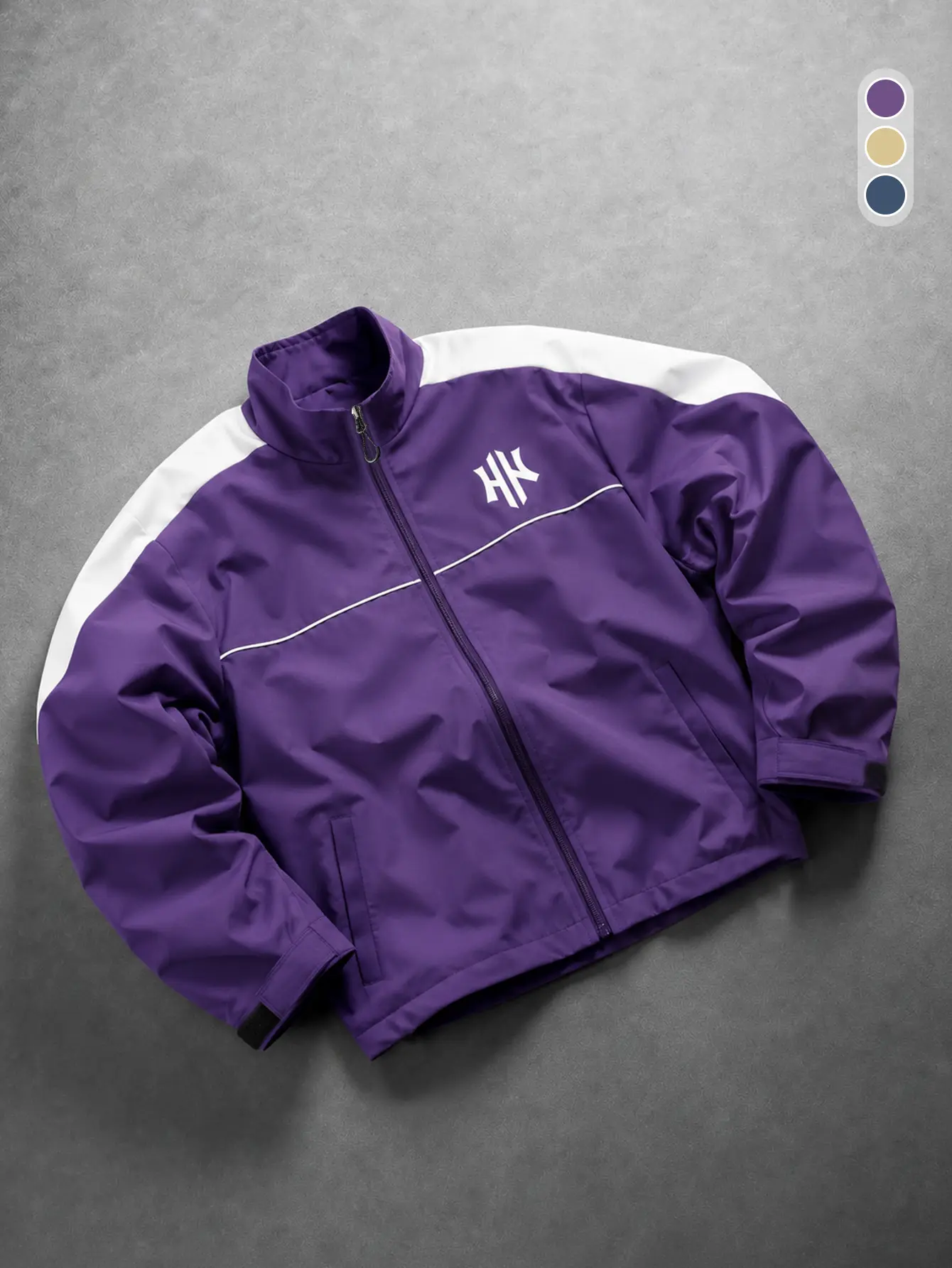 Men’s purple-and-white color-block windbreaker jacket – men’s Y2K color-block stand-collar zip-up outerwear – men’s contrasting trendy windbreaker – Y2K street style