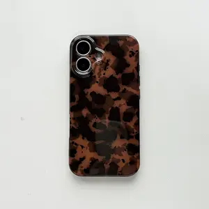 Autumn Winter Vintage Tortoiseshell Amber Leopard Phone Case for iPhone 12-16 Pro Max | Soft TPU, Glossy Dark Finish, Shockproof & Protective
