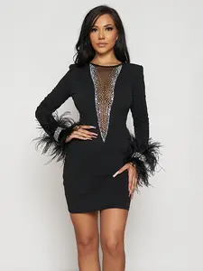 Women's Feather Trim Rhinestone Embellished Bodycon Dress, Elegant Longsleeves Mini Dress for Special Occasions