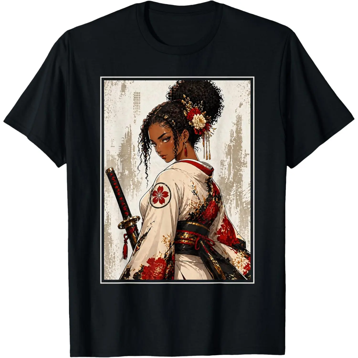 Women's 100% Cotton Short-Sleeve Round Neck Graphic T-Shirt, Casual Distressed Black Anime Samurai Girl Japanese Aesthetic Top