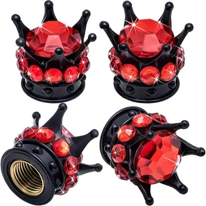 4PCS Crown Bling Tire Stem Valve Caps, Crystal Diamond Car Wheel Tire Valve Caps Universal Copper Core Stem Covers for Cars, SUV, Trucks, Bikes, Motorcycles, Bicycles (Black & Red)