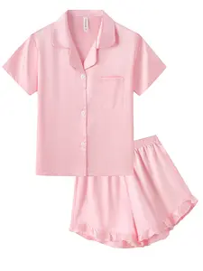 Girls Pink Satin Pajamas | Cute Clothes Two Piece Sets 5-14Y | Kids Stuff for Girls & Teen Girl Clothes | Kids Clothing Girls | Girly Tops & Ruffle Sleepwear | Girl Set, Silk