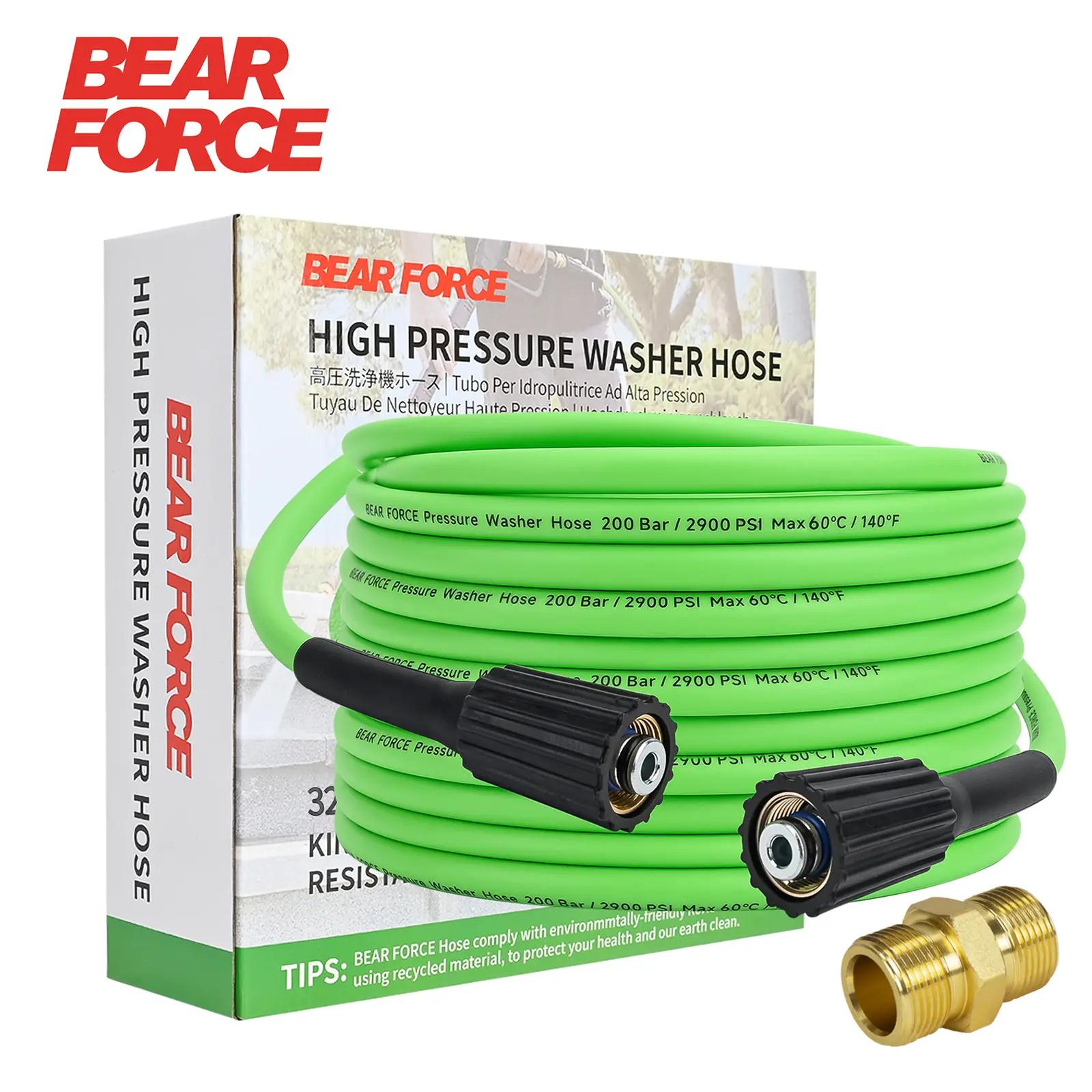 BEAR FORCE Soft Flexible Pressure Washer Hose M22 Brass Fitting 32ft 1/4" * 2900PSI, Kink BEAR FORCE Resistant Extension Hose, Power Washer Hose Replacement for Ryobi, Troy Bilt, Greenworks, CRAFTSMAN Most Brand Power Washer