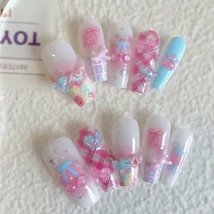 10 Pieces Acrylic Press on Nails, Coffin-Shaped Fake Nails, DIY Nail Supplies, Valentine's Day Gifts, Romantic Cherry Nails, Wedding Nails