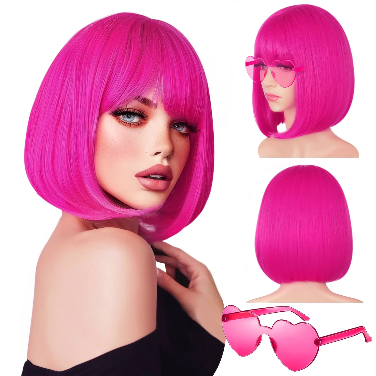 MAQUIUAGE 10-Inch Neon Bob Wig for Women, Straight Synthetic Hair with Flat Bangs, Soft Vivid Color for Cosplays & Watch Parties, Includes Heart Glasses & Cap