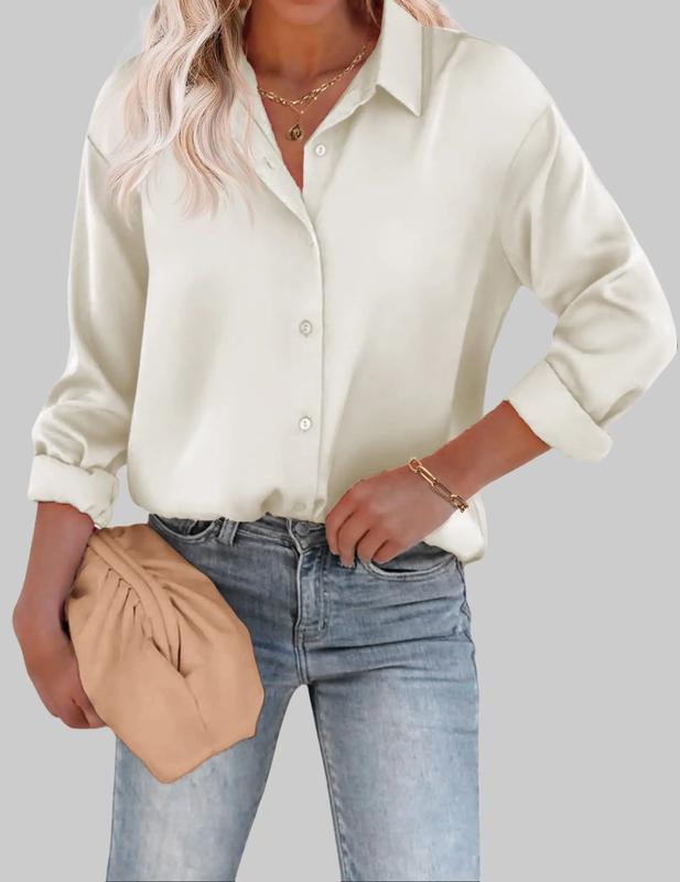 Womens Blouse Satin Silk Shirts Button Down Shirts Casual Loose Long Sleeve Office Work Tunic Tops