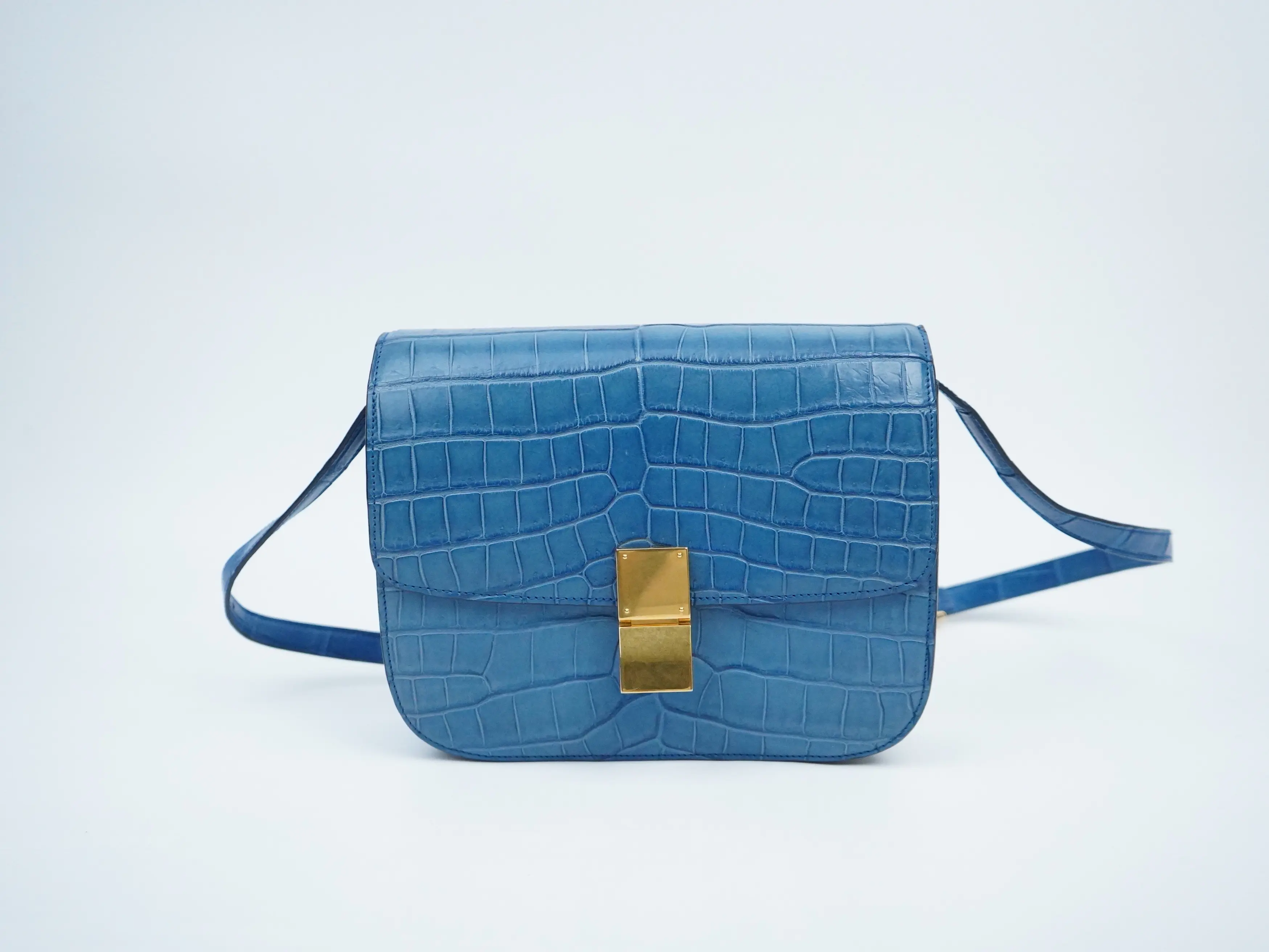 Pre-owned Celine croc/ leather Crossbody Bags Box Croc Medium Blue Crossbody