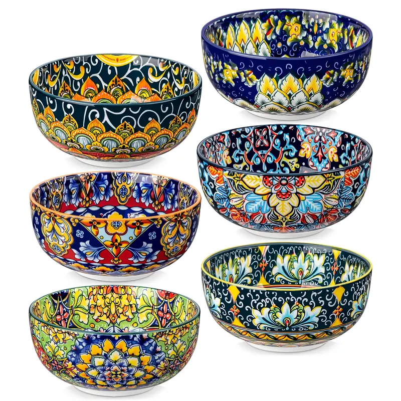 Cereal Bowls Set of 6, Bohemian Ceramic Soup Bowls, 28 oz Colorful Bowls Set for Kitchen, Dishwasher & Microwave Safe for Salad, Pasta, Rice, Oatmeal, Fruit