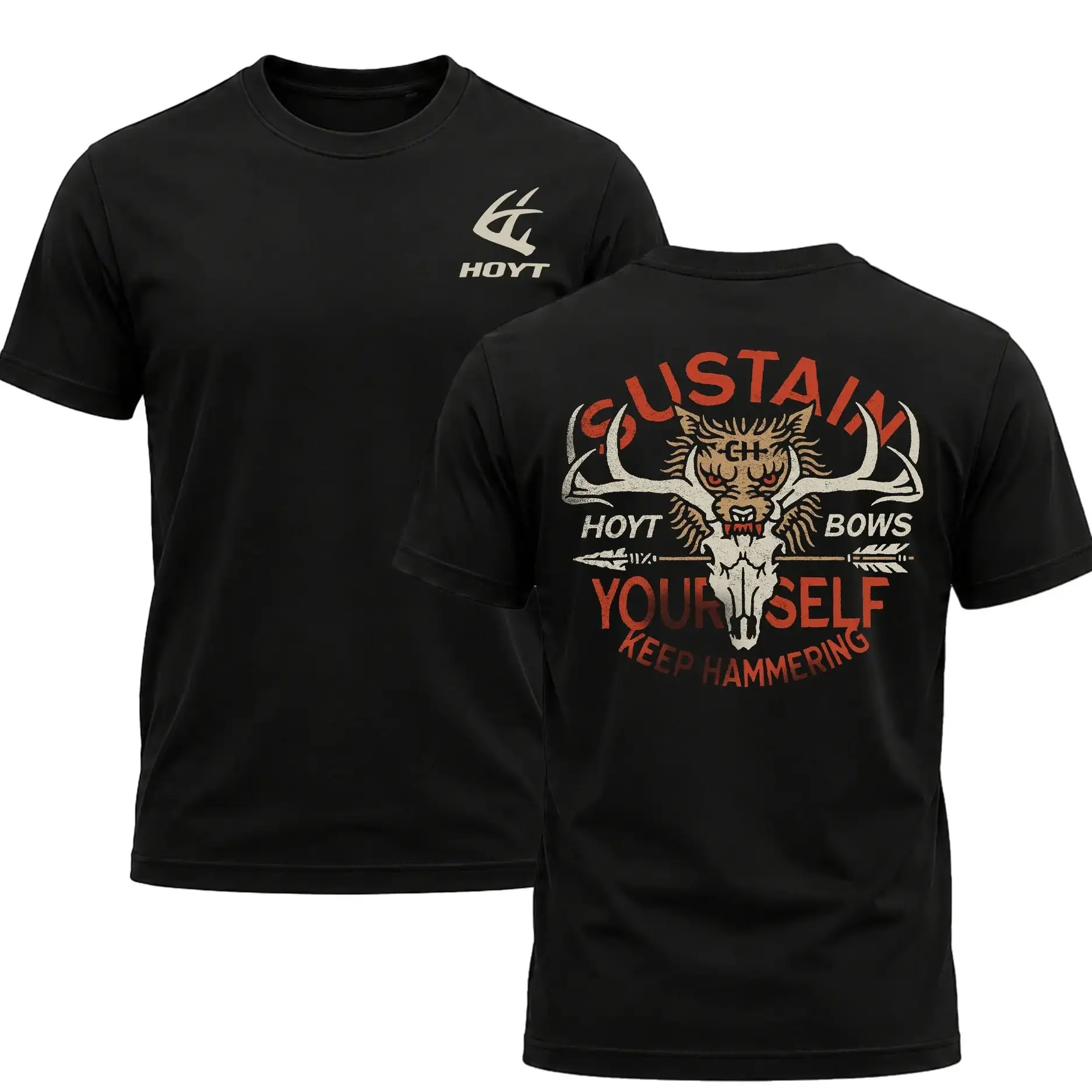Hoyt Archery Outdoor Sustain Yourself Men's Shirt, Hunting T-shirt, Crew Bowhunting Shirt, Deer Skull Archery Tee, Archery Tactical Gear, Unisex Short Sleeve Casual 100%, Outdoor Gift For Men, Made In USA.