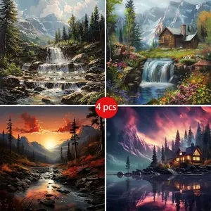 4-Piece Landscape Wall Art Kit, Full Round Diamond Painting Set for Adults & Beginners, Bedroom Kitchen Decor Gift Idea, Diamond Painting Kits