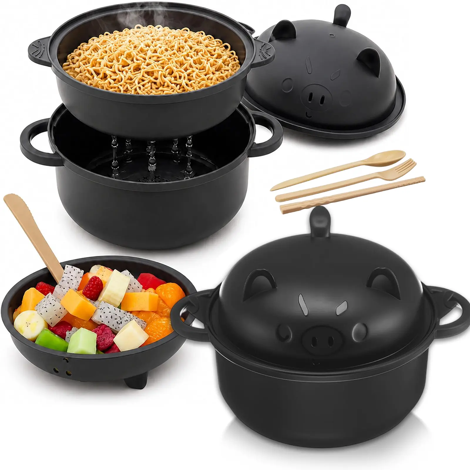 Nifogo Stylish Pig Shape Microwave-Safe Ramen Noodle Bowl Set (43oz/1300ml) - Microwavable Ramen Cooker with Strainer Lid, Handle, Spoon, Fork, Chopsticks - Home/Office Kitchenware Value Pack