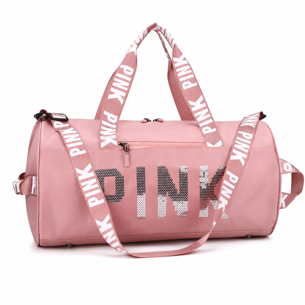 Women’s Pink Letter Print Gym Bag, Large Capacity Lightweight Travel Duffel with Shoe Compartment, Crossbody Shoulder Tote for Gym, Sports & Travel