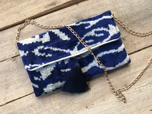 Blue Velvet Clutch Bag, Navy Blue Wedding Clutch, Ikat Clutch Bag, Boho Blue Clutch Bag, Chic Blue Handbag, Women's Blue Evening Clutch