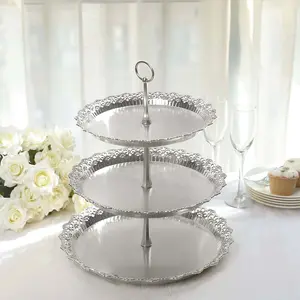 3-Tier Plastic Round Cupcake Stand 15" Metallic Silver