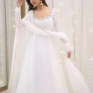 Elegant White Anarkali Dress with Embroidered Details and Long Sleeves for Special Occasions