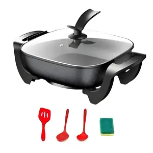 Korean-Style Multi-Function Square Pot Electric Hot Pot & Stir-Fry Pan in One Smart Temperature Control Non-Stick Grill Pan with 5-Temp Control Auto Heat Guard & See-Through Tempered Glass Lid heat-resistant handle