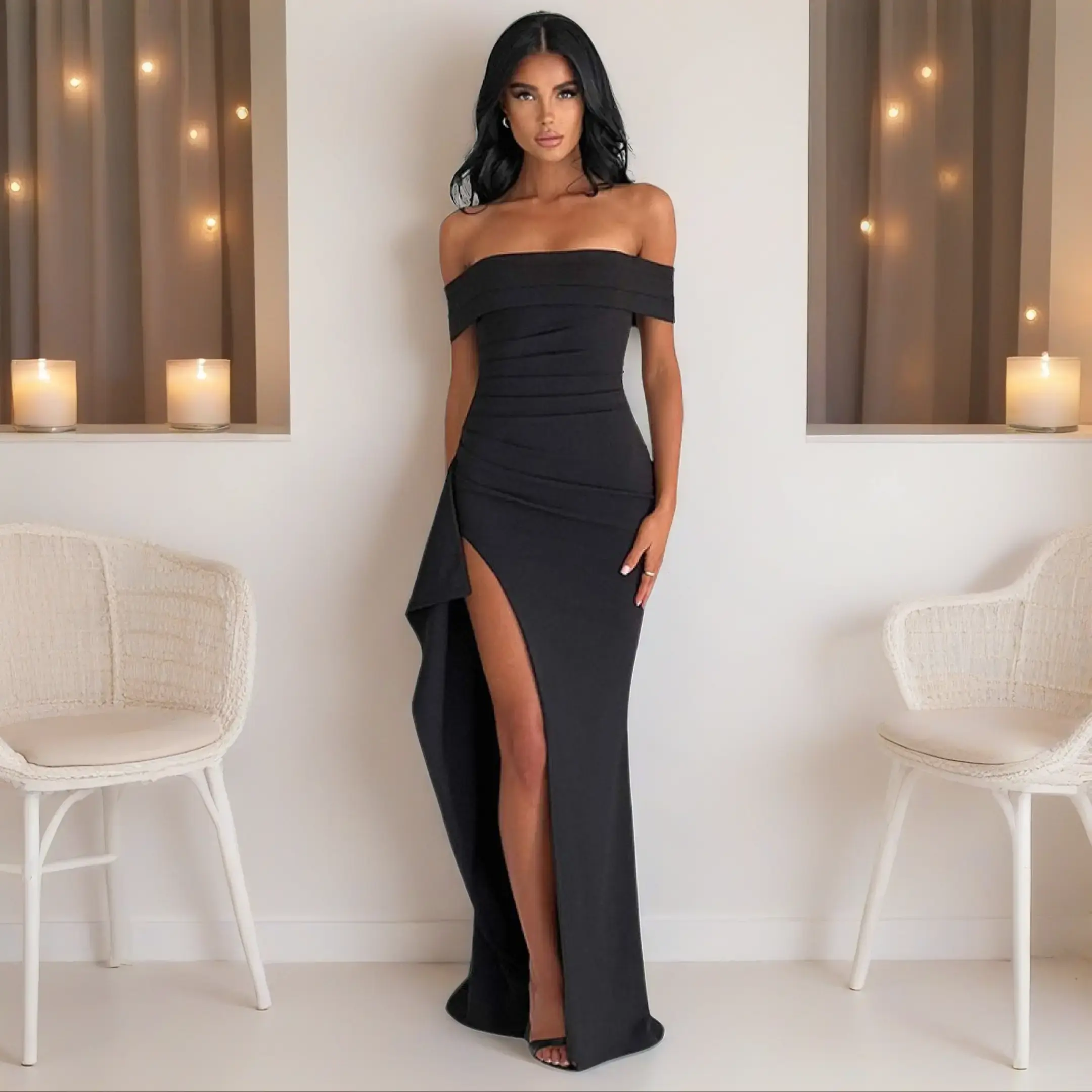 high slit dress wedding guest Ever-Pretty Amber Bloom Floor Length Summer Formal Wedding Guest Dress with Cold Shoulder Sleeves main image 1