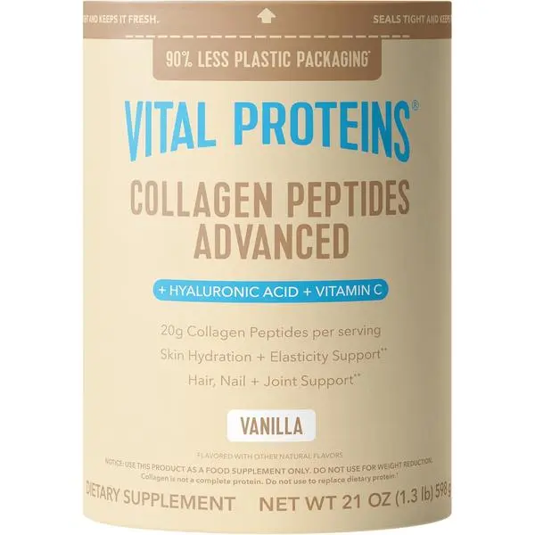 Vital Proteins Collagen Peptides Advanced, Hydrolyzed Peptides with Hyaluronic Acid and Vitamin C - Vanilla Flavor Powder, 21oz