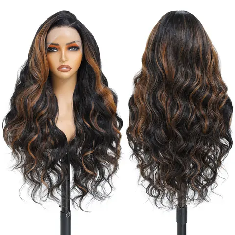 FABÉLLE Glueless 13×6 Lace Front Wig Pre Plucked Hairline Free Part Body Wave Wigs Natural Hairline Synthetic Wavy Wigs 28Inch 13×6 Transparent Lace Frontal Wigs Easy to Wear For Women realistic appearance Blonde Highlight