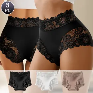 3PCS Women's Mid-Rise Briefs - Cute Flower Floral Lace Detailing on Front & Back, Soft Breathable Fabric, Timeless Classic All-Season Underwear