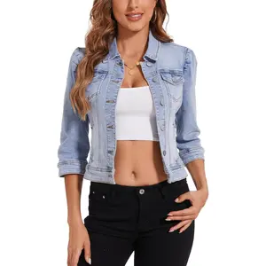 Jean Jacket Cropped Denim Jacket Stretchy 3/4 Puff Sleeve Distressed with Pockets