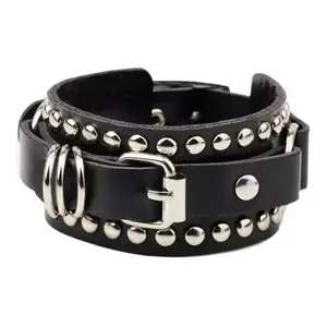 Gothic Studded Leather Bracelet Punk Buckle Cuff Adjustable Black Bracelet with Silver Studs and Buckle