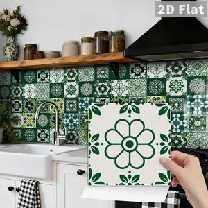 24PCS/Box Classic Art Retro Green Floral Tile Stickers - Multi-Element Pattern Crystal Film (Multiple Thickness), Peel-and-Stick Removable Decorative Backsplash, DIY Removable Waterproof Oil-Proof Wall Decals for Home/School/Office