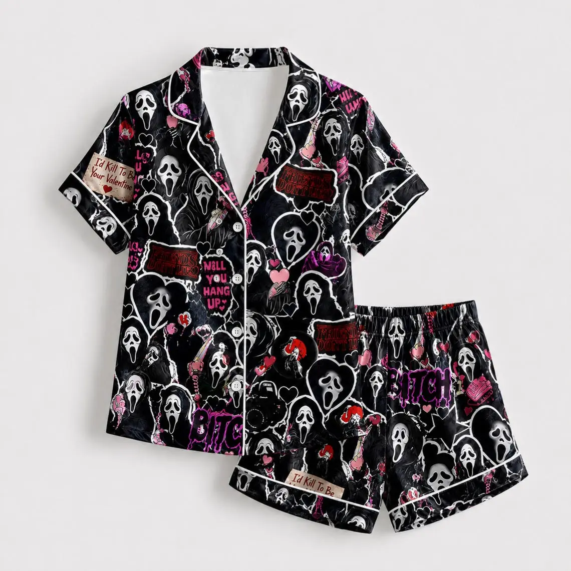 Ghostface Valentine Satin Pajama Set – Horror Inspired Cute Spooky Sleepwear, Gothic Valentine’s Day Gift