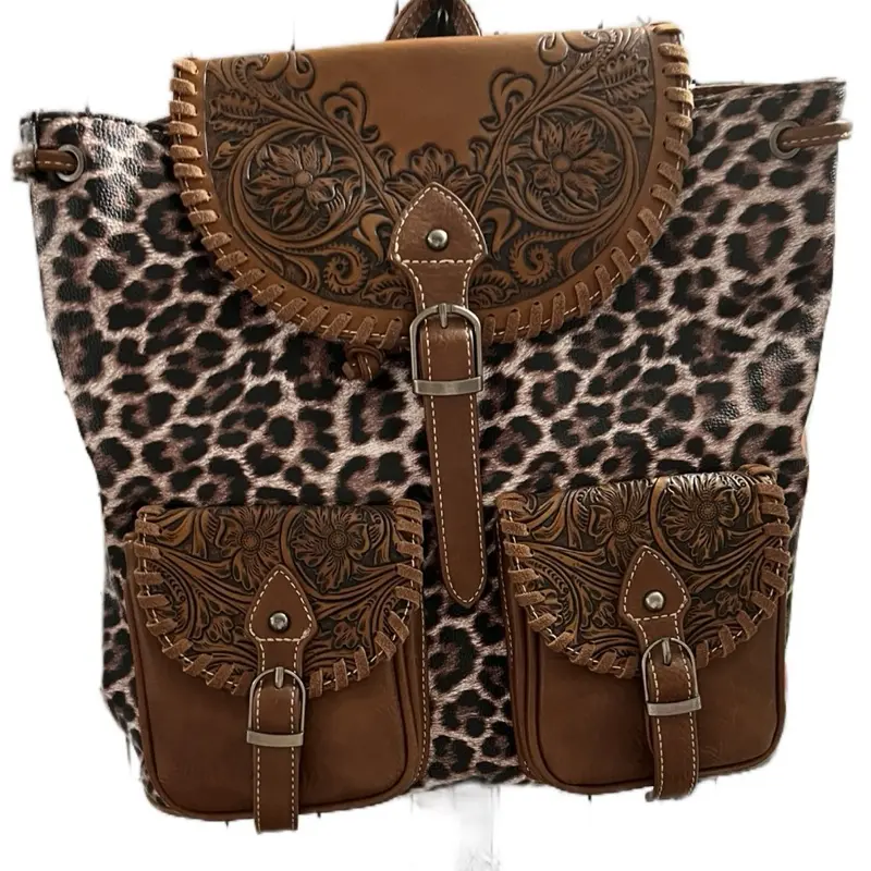 Cheetah Leather Bag Backpack with Adjustable Strap, Two Pockets, Classic Leopard Print Design, Detailed Workmanship